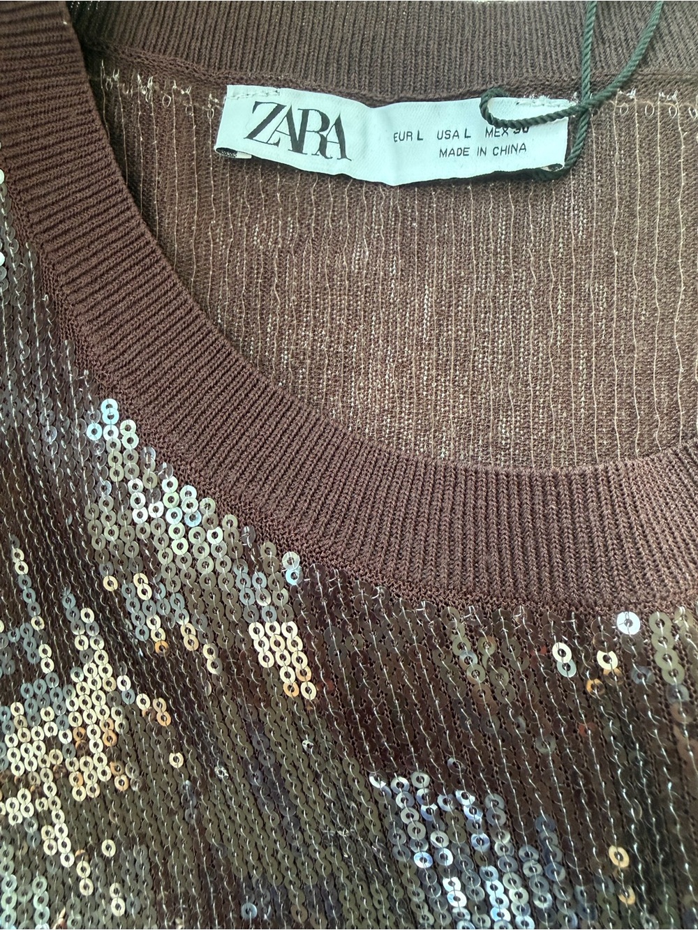 Zara Chocolate Brown Sequin Sleeveless Knit Shell Top Size L NWT - Picture 4 of 6